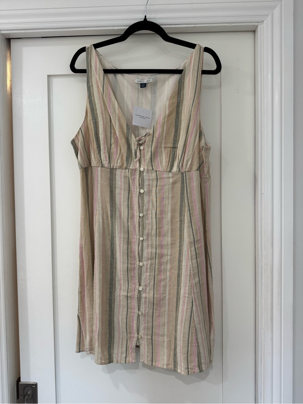 American Eagle Outfitters Striped Button-Front Mini Dress in Cream, Green & Pink